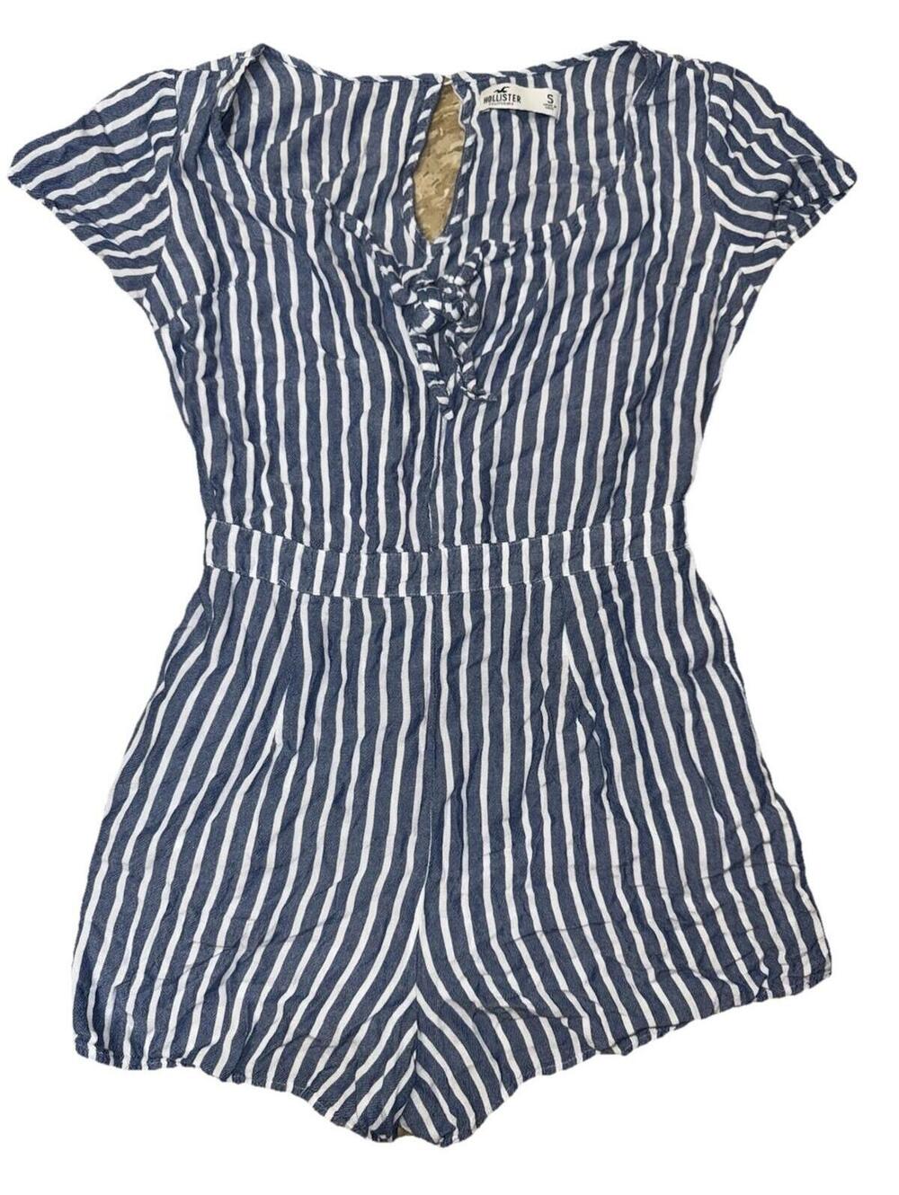 Small Blue & White Striped Romper shorts Pockets Summer  Boho Coastal Chic y2k